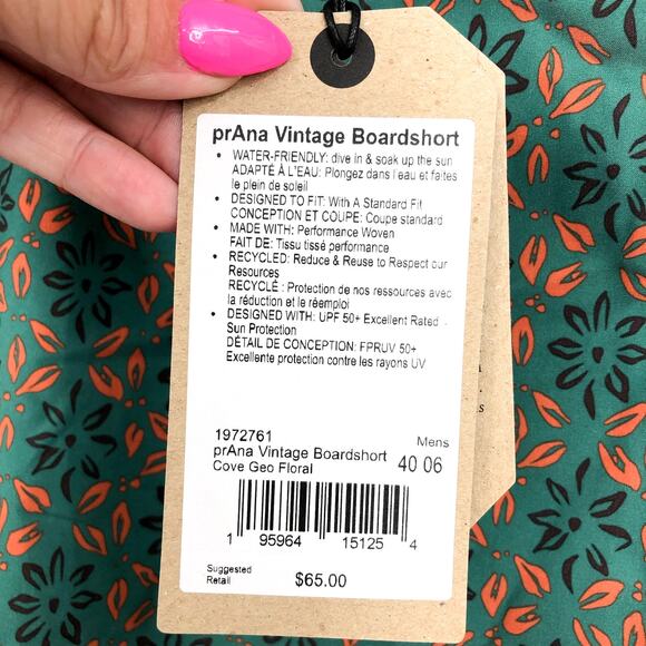 PRANA Men's Vintage Boardshort Size 40 Green Cove Geo Floral 6" Inseam Swim NWT - Picture 9 of 9